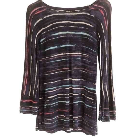 Nic & Zoe Multi Colored Striped Print Linen Blend Bell Sleeve Top Size Small - Picture 1 of 7